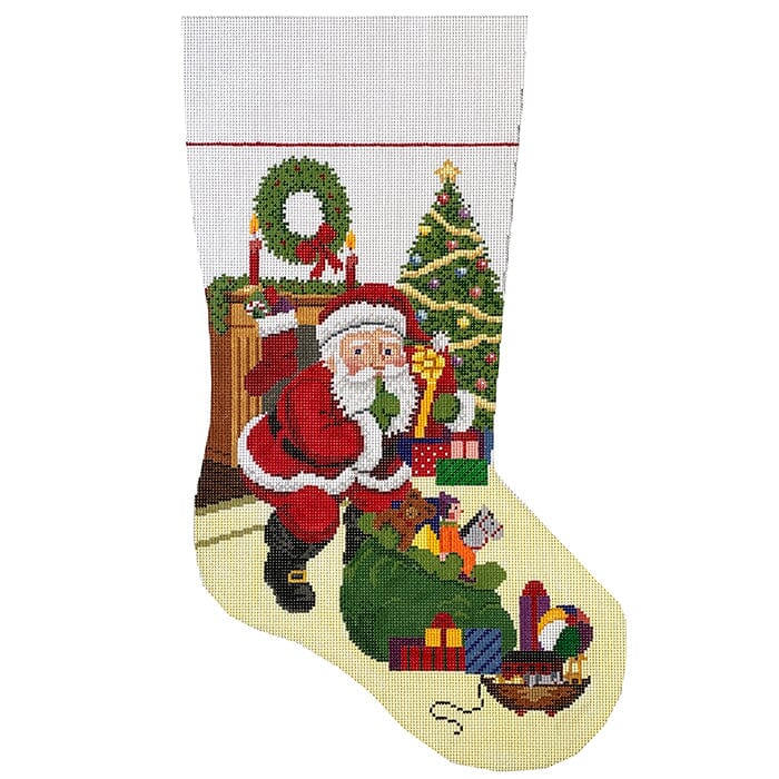 Shh Santa with Bag of Toys Stocking #13 Painted Canvas Susan Roberts Needlepoint Designs Inc.