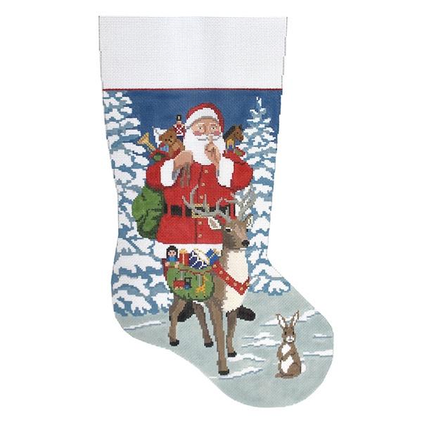 Shhh, Santa and Reindeer Stocking Painted Canvas Susan Roberts Needlepoint Designs Inc. - 1