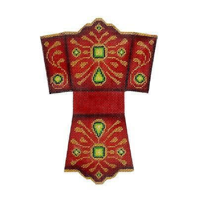 Shopping Bag - Red & Gold with Green Jewels Painted Canvas Burnett & Bradley