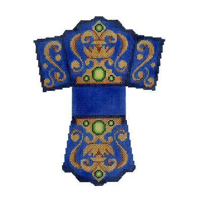 Shopping Bag - Royal Blue & Gold with Green Jewels Painted Canvas Burnett & Bradley