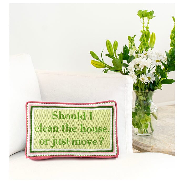 Should I Clean the House or Just Move   Green/Pink Canvas Printed Canvas Needlepoint To Go