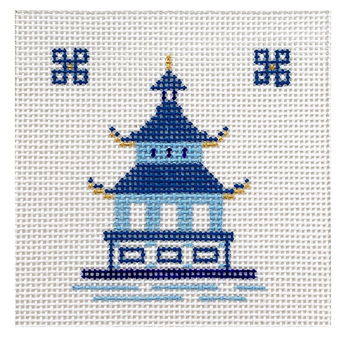 Single Pagoda Coaster #1 Blue Painted Canvas Patricia Sone - 1