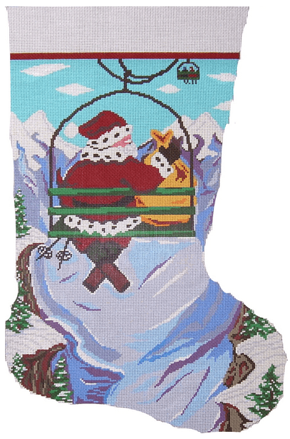 Skiing Santa Sock Painted Canvas Cooper Oaks Design - 1