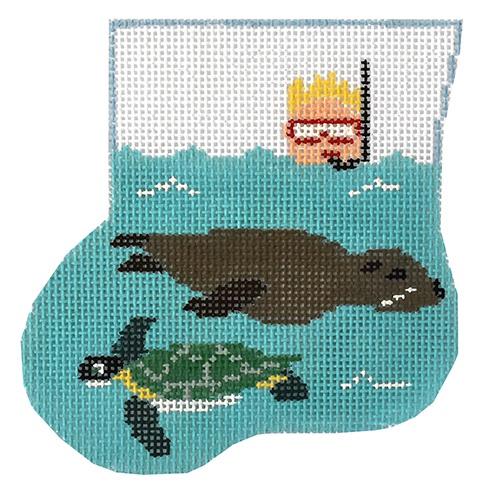 Snorkeling Mini Stocking with Sea Lion Insert Painted Canvas Kathy Schenkel Designs