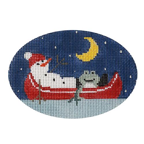 Snowman in Canoe Oval Painted Canvas Kathy Schenkel Designs - 1