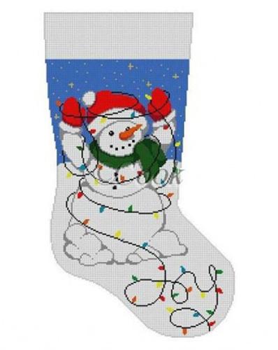 Snowman Tangled in Lights Stocking Painted Canvas Susan Roberts Needlepoint Designs, Inc.