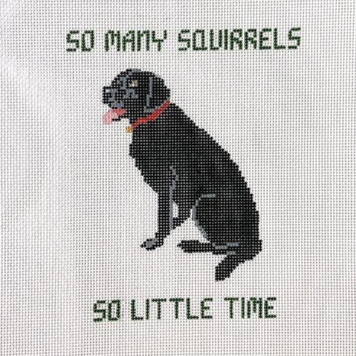 So Many Squirrels So Little Time - with Black Lab painted canvas Doolittle Stitchery