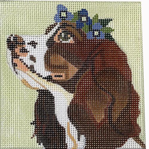 Springer Spaniel with Blue Floral Crown 4" Square Painted Canvas Melissa Prince Designs - 1