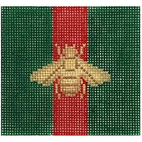 Square 3" Insert - Gold Bee on Green with Red Stripe Painted Canvas Kate Dickerson Needlepoint Collections