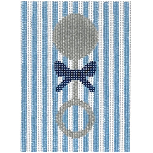 Sterling Silver Baby Rattle on Blue Painted Canvas SilverStitch Needlepoint - 1