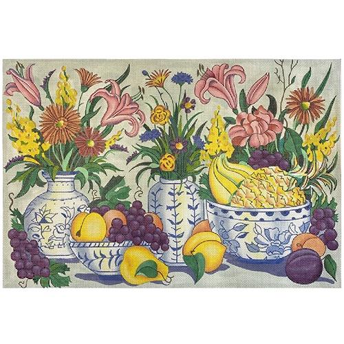 Still Life with Flowers and Fruit Painted Canvas All About Stitching/The Collection Design - 1