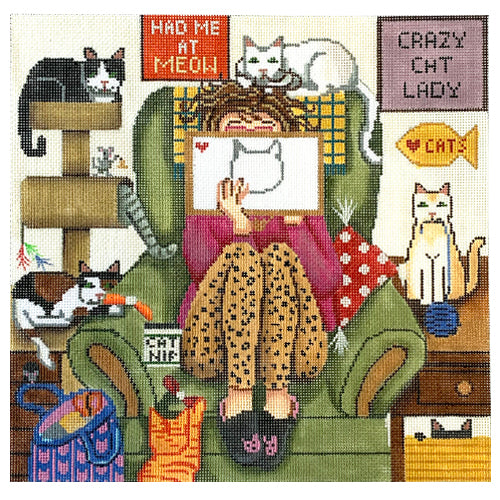 Stitching Girl Crazy Cat Lady Painted Canvas Gayla Elliott - 1