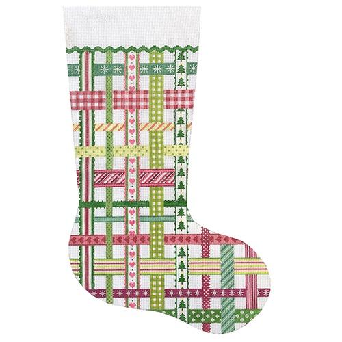 Stocking Woven Ribbons Pinks/Greens Painted Canvas Kate Dickerson Needlepoint Collections - 1