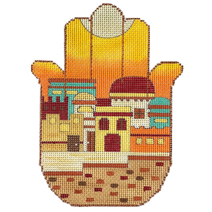 Sunset Over City Hamsa Painted Canvas Alice Peterson Company