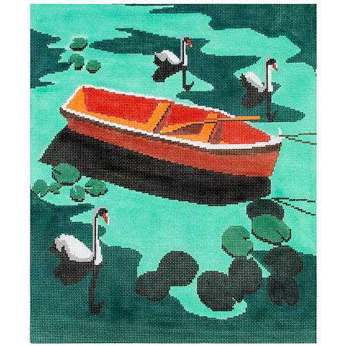 Swans by Rowboat Painted Canvas Anne Fisher Needlepoint LLC