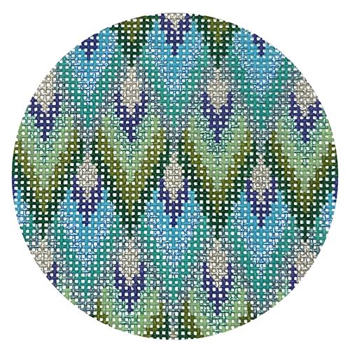 Teal Bargello Geometric Round #23 Painted Canvas Danji Designs