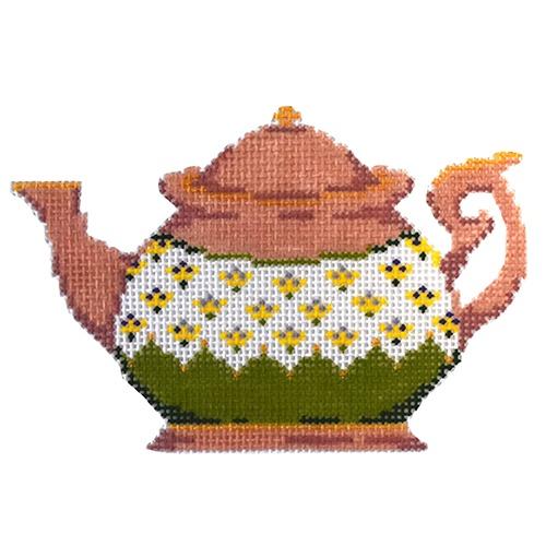 Teapot Coral & Green Painted Canvas The Plum Stitchery - 1