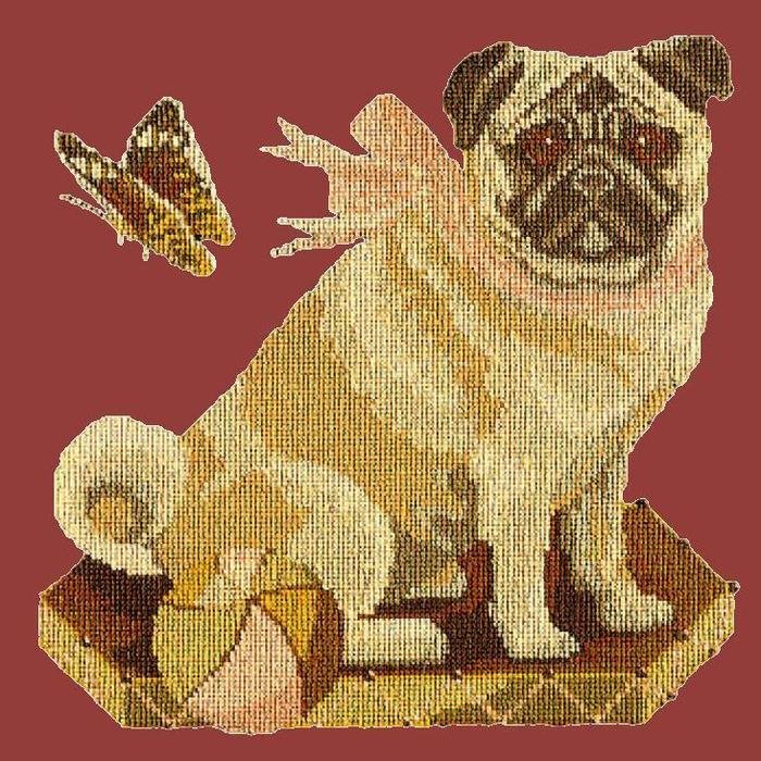 Toby the Pug Needlepoint Kit Kits Elizabeth Bradley Design Dark Red 