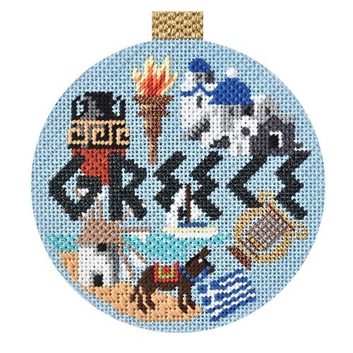 A Kirk & Bradley Travel Round handpainted needlepoint of Greece. The design  is 4 in diameter on 18 mesh needlepoint canvas and is available with  fibers if required. – Needlepoint For Fun