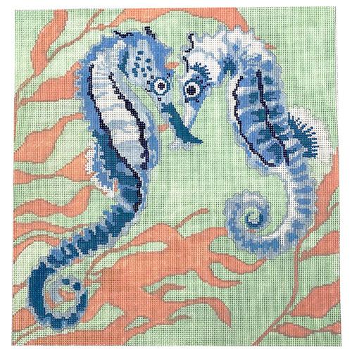 Two Blue Seahorses Painted Canvas CBK Needlepoint Collections - 1