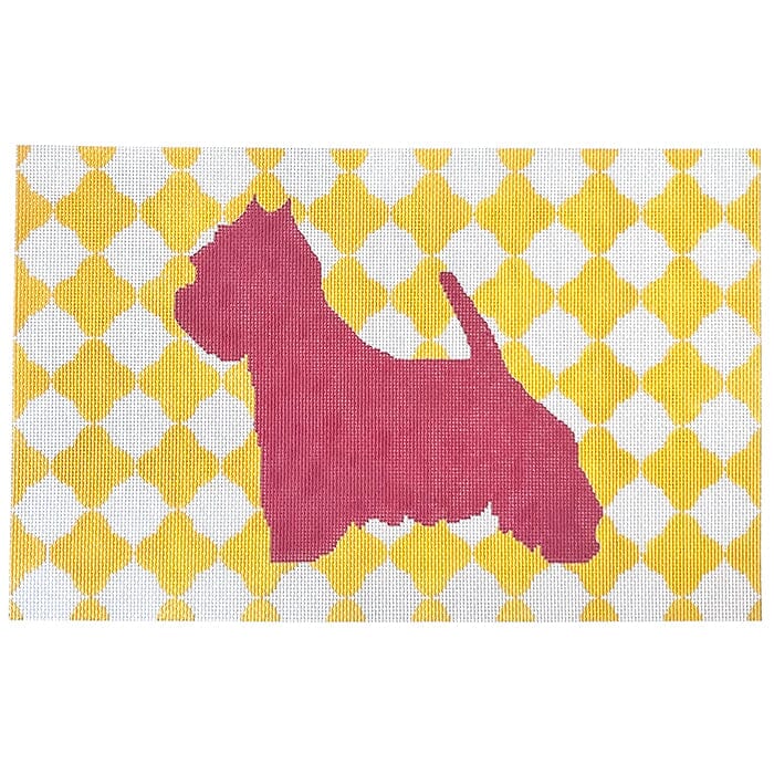 Westie Pink and Yellow Painted Canvas Susan Battle Needlepoint