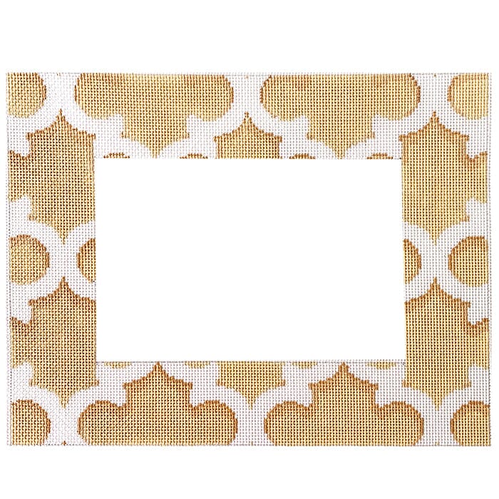 White and Cream Quatrefoil Frame Painted Canvas Associated Talents