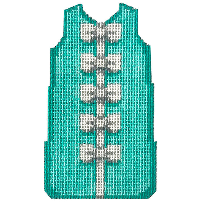 White Bows on Turquoise Mini Shift Painted Canvas Two Sisters Needlepoint