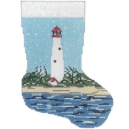 White & Red Lighthouse Mini Stocking on 18 Painted Canvas Needle Crossings - 1