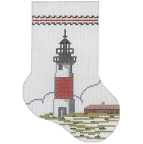 White & Red Lighthouse Mini Stocking Painted Canvas The Colonial Needle Company - 1