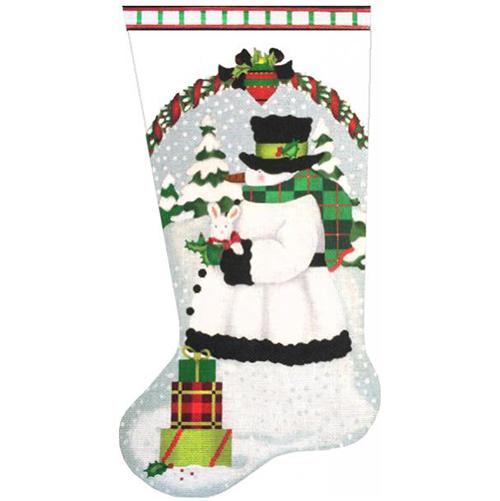 White Snowman with White Bunny Stocking Painted Canvas Melissa Shirley Designs
