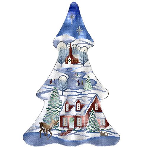 Winter Village Christmas Tree Shape Painted Canvas Alice Peterson Company - 1