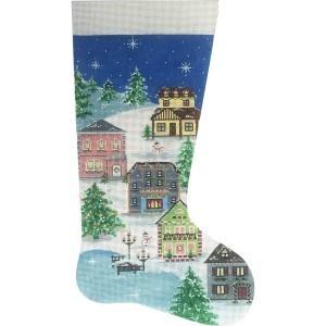 Winter Village Stocking Painted Canvas Alice Peterson Company