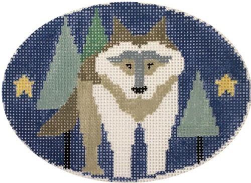 Wolf in Trees with Stars Oval Painted Canvas Kathy Schenkel Designs - 1
