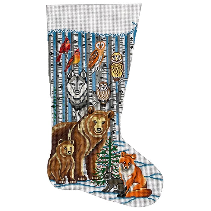 Woodland Animals and Birchtrees Stocking Painted Canvas Alice Peterson Company