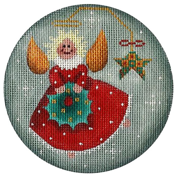 Wreath Angel Round Painted Canvas Rebecca Wood Designs - 1