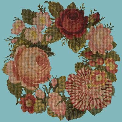 Wreath of Roses Needlepoint Kit Kits Elizabeth Bradley Design Duck Egg Blue