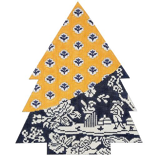 Yellow & Blue Toile Patchwork Tree Painted Canvas Cooper Oaks Design - 1