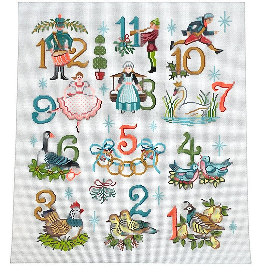 12 Days of Christmas on White Painted Canvas Alice Peterson Company 