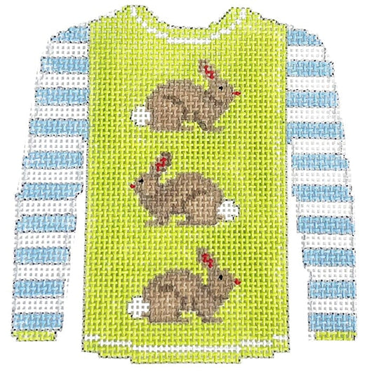 3 Brown Bunnies on Lime Sweater Painted Canvas Kristine Kingston 