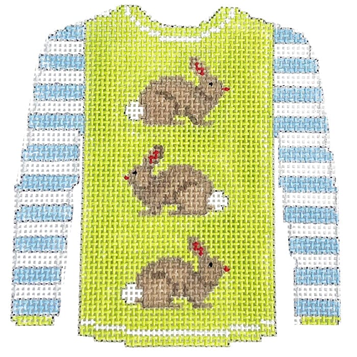 3 Brown Bunnies on Lime Sweater Painted Canvas Kristine Kingston  - 1