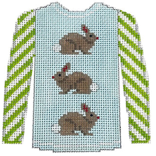 3 Brown Bunnies on Pale Blue Sweater Painted Canvas Kristine Kingston 
