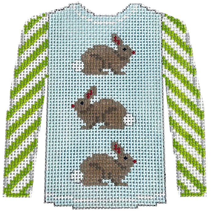 3 Brown Bunnies on Pale Blue Sweater Painted Canvas Kristine Kingston 
