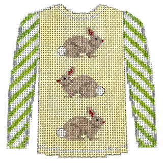 3 Brown Bunnies on Pale Yellow Sweater Painted Canvas Kristine Kingston 
