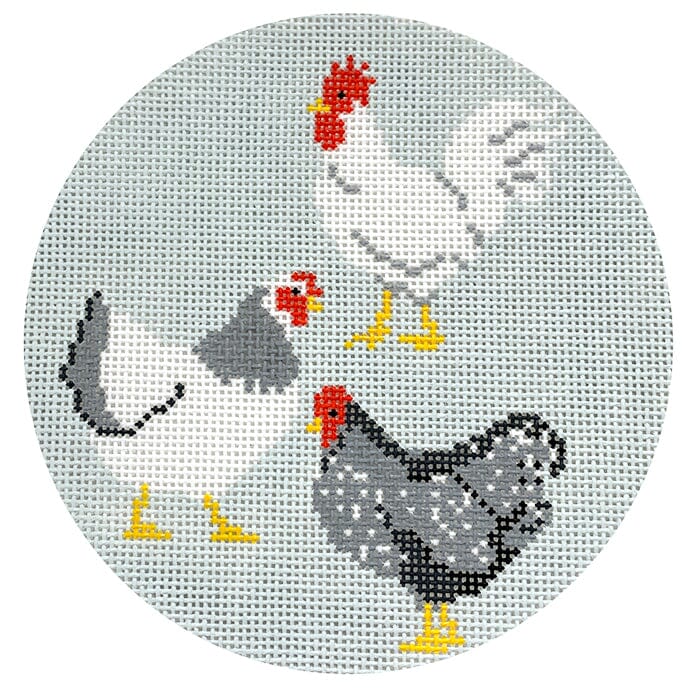 3 French Hens Round Painted Canvas The Salty Stitcher  - 1