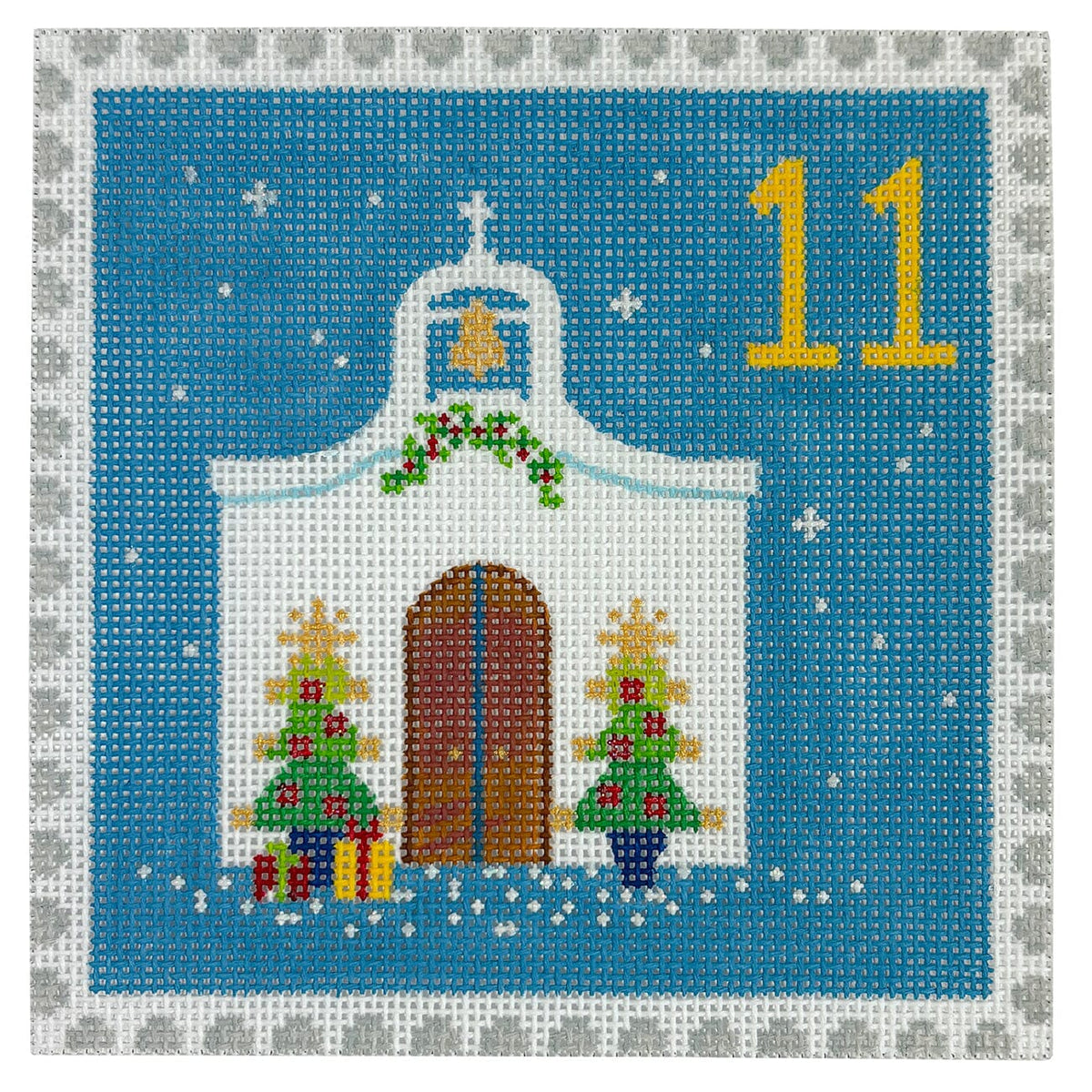 Advent Stamp #11   Chapel w/ Christmas Trees Painted Canvas Kate Dickerson Needlepoint Collections  - 1