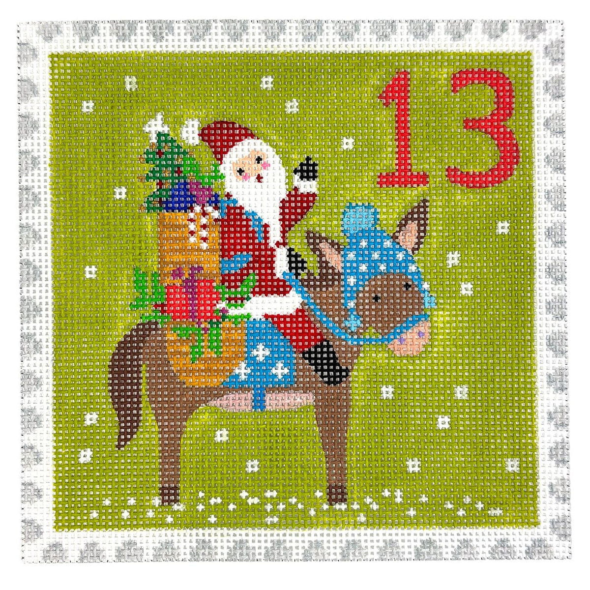 Advent Stamp #13   Santa on Donkey Painted Canvas Kate Dickerson Needlepoint Collections  - 1