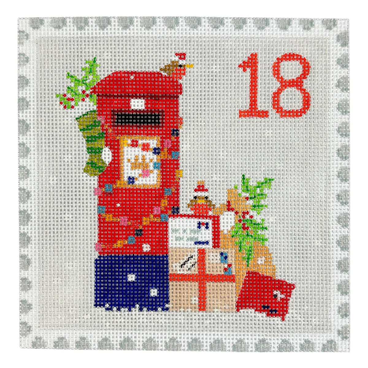 Advent Stamp #18   English Letter Box w/ Gifts Painted Canvas Kate Dickerson Needlepoint Collections  - 1