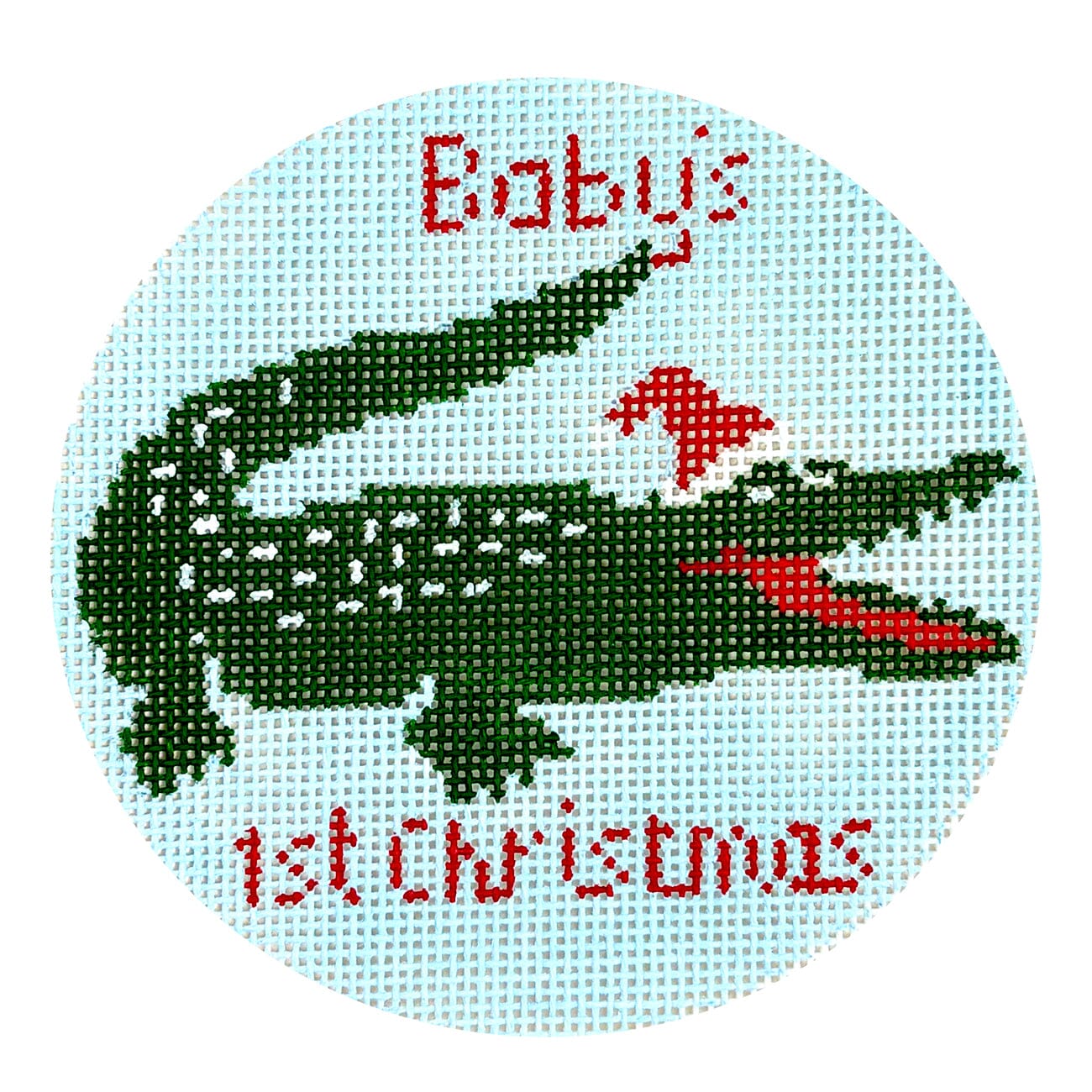 Alligator Baby's First Christmas Round   Blue Painted Canvas MF Needlepoint  - 1