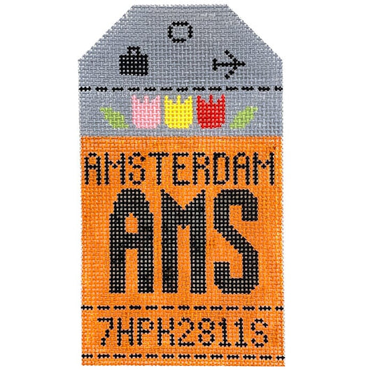 Amsterdam AMS Retro Travel Tag Printed Canvas Hedgehog Needlepoint 