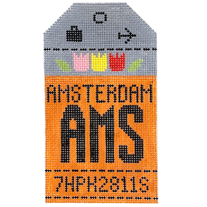 Amsterdam AMS Retro Travel Tag Printed Canvas Hedgehog Needlepoint 
